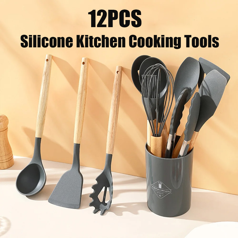 Silicone Spatula Set - 12PCS Silicone Kitchen Utensils Non-Stick Wooden